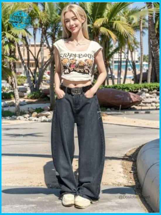 Unisex Y2K Graphic Print Baggy Jeans High Waist Wide Leg Streetwear Denim - Picture 3 of 7